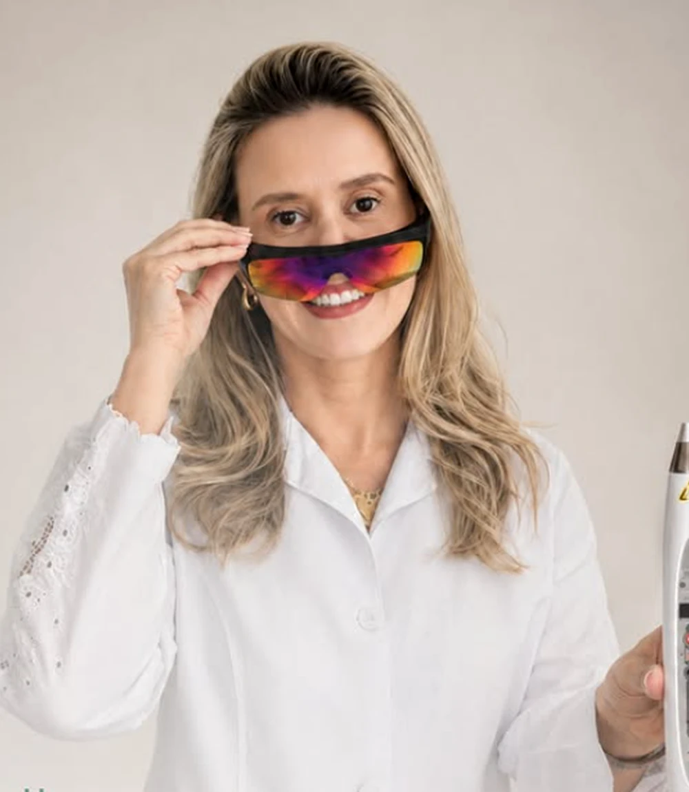 Arliny Melo com equipamento de laserterapia